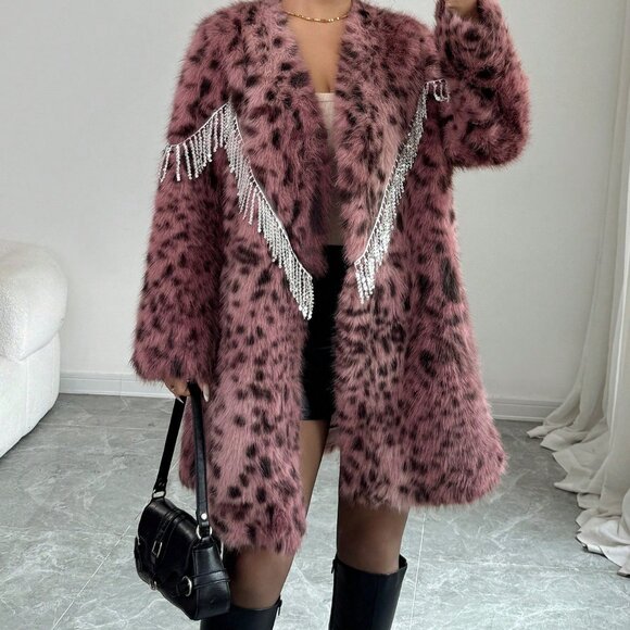 Elegant Women's Pink Faux Fur Leopard Print Coat - Picture 3 of 8